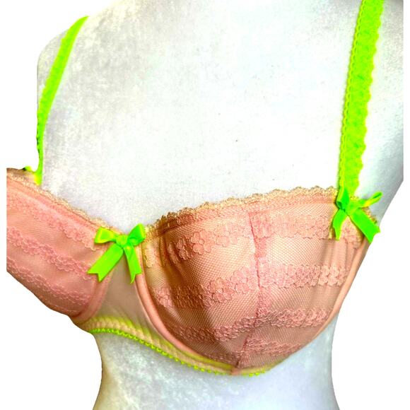 NEW Victoria Secret Sexy Little Things Push Up Bra 36B Pink Neon Green Bows Y2K - Picture 2 of 11